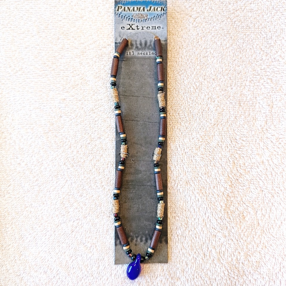 Panama Jack eXtremeâ 18â Beaded Necklace Blue Glass Pendant Y2K NOS 2002